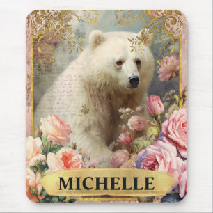 Tapis De Souris Ours polaire aquarelle vintage et roses roses