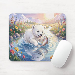 Tapis De Souris Ours polaire jouant avec un poisson