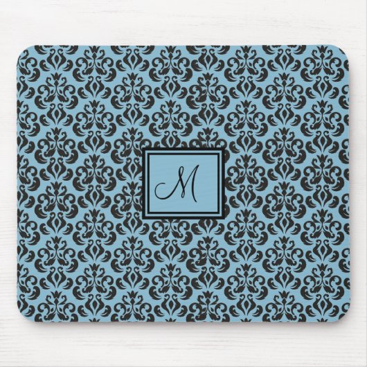 Tapis De Souris Pad de souris monogramme bleu ciel et noir Damas (Devant)
