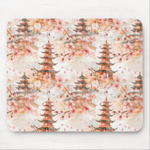 Tapis De Souris Pagode chinoise à l'aquarelle avec fleurs de ceris