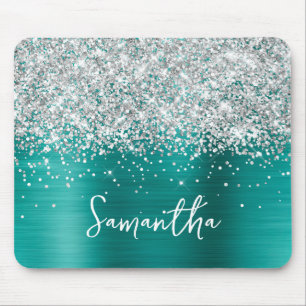 Tapis De Souris Pailleté Argent Aqua Sarcelle Nom Glam