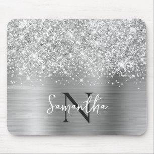 Tapis De Souris Pailleté Gris Argenté Glam Monogrammé