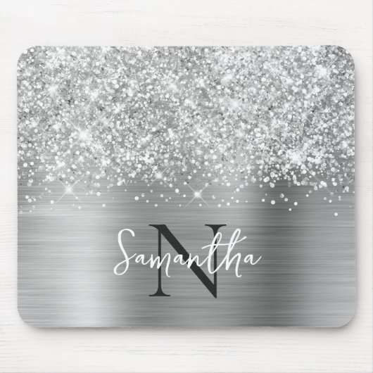 Tapis De Souris Pailleté Gris Argenté Glam Monogrammé (Devant)
