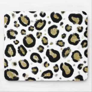 Tapis De Souris Paillettes Or Blanc & Imprimé Léopard Guépard Noir