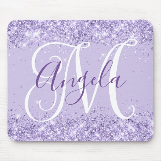 Tapis De Souris Pâle Monogramme de Glitter Lavande Élégant Script (Devant)