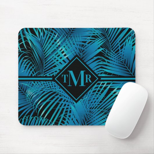 Tapis De Souris Palmes noires Turquoise Monogramme (Avec souris)