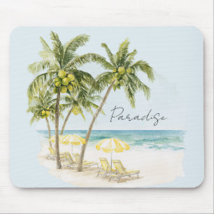 Tapis De Souris Palmiers Tropicaux Océan Parasols Jaunes