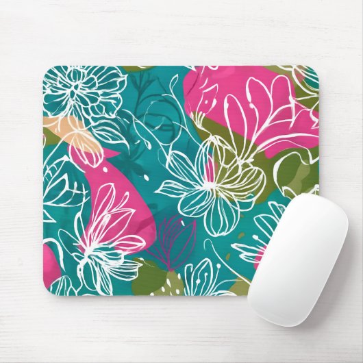 Tapis De Souris Panier de souris Abstrait Floral Turquoise rose (Avec souris)