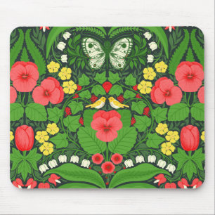 Tapis De Souris Pansies rouges, oiseaux et papillons
