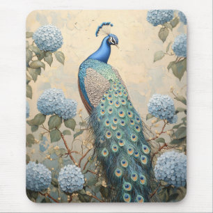 Tapis De Souris Paon élégant avec peinture à l'huile d'hortensias