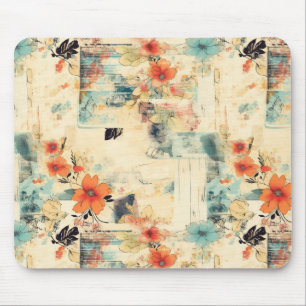 Tapis De Souris Papier Éphémère Floral Bleu Orange Antique