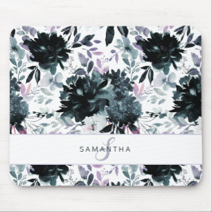 Tapis De Souris Papier peint floral nocturne aquarelle Navy Monogr