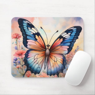 Tapis De Souris Papillon Arc-en-Ciel dans un Jardin de Fleurs