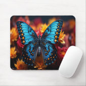 Tapis De Souris Papillon Bleu avec points orange Noir sur Flower (Avec souris)