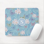 Tapis De Souris Papillon bleu Monogramme floral Mousepad (Avec souris)
