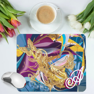Tapis De Souris Papillon Doré Fantaisie Monogramme Liquide Abstrai