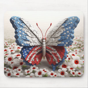 TAPIS DE SOURIS PAPILLON ET FLEURS PATRIOTIQUES ROUGE BLANC BLEU