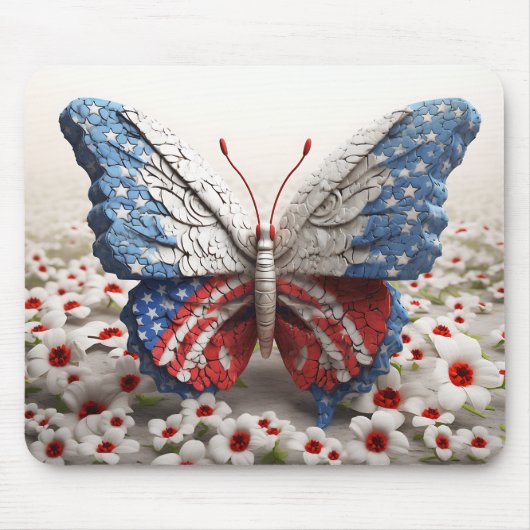TAPIS DE SOURIS PAPILLON ET FLEURS PATRIOTIQUES ROUGE BLANC BLEU (Devant)