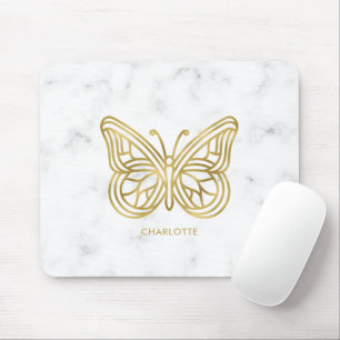 Tapis De Souris Papillon géométrique de Marbre blanc et d'or