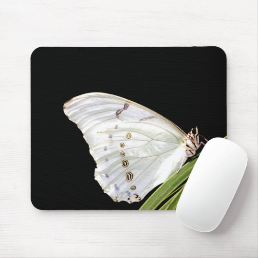 Tapis De Souris Papillon Morpho blanc sur feuille (Avec souris)