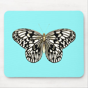 Tapis De Souris Papillon noir et blanc, arrière - plan turquoise