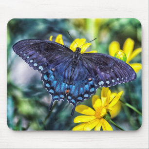 Tapis De Souris Papillon noir Swallowtail sur fleurs jaunes