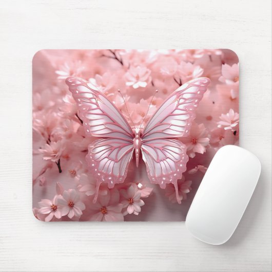 Tapis De Souris Papillon rose 3-D sur les fleurs (Avec souris)