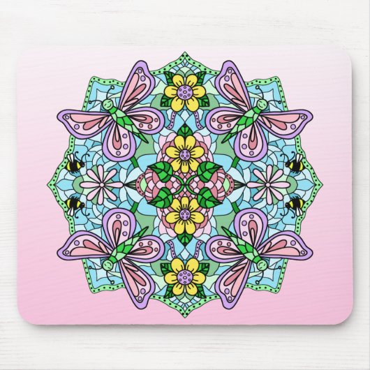 Tapis De Souris Papillon rose Mandala main Whimsical tiré (Devant)