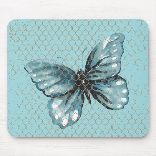 Tapis De Souris Papillon sarcelle dans un design de clôture à mail (Devant)