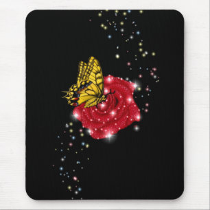 Tapis De Souris Papillon sur rose rouge avec étoiles et gouttes de
