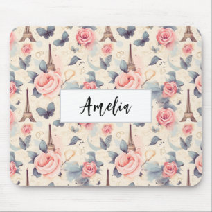 Tapis De Souris Papillon Tour Eiffel et Motif Rose