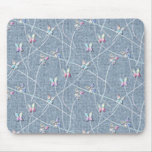 Tapis De Souris Papillons en relief aquarelle sur lin bleu denim