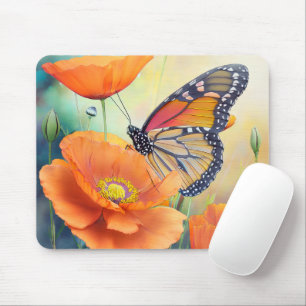 Tapis De Souris Papillons et Pavots Orange Botanique