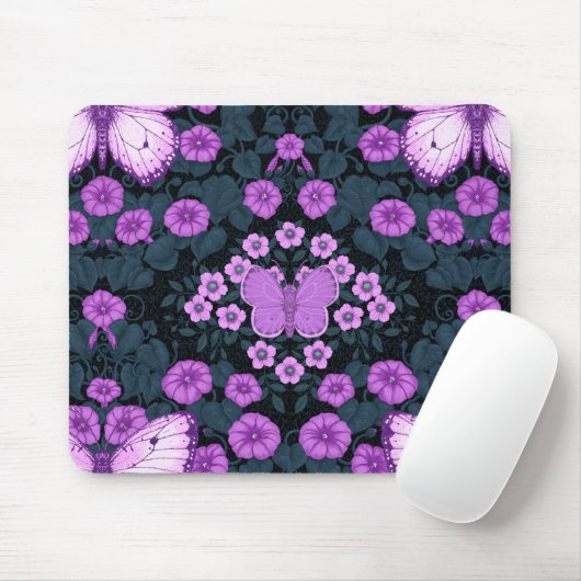 Tapis De Souris Papillons et symétrie des fleurs, violet et bleu (Avec souris)