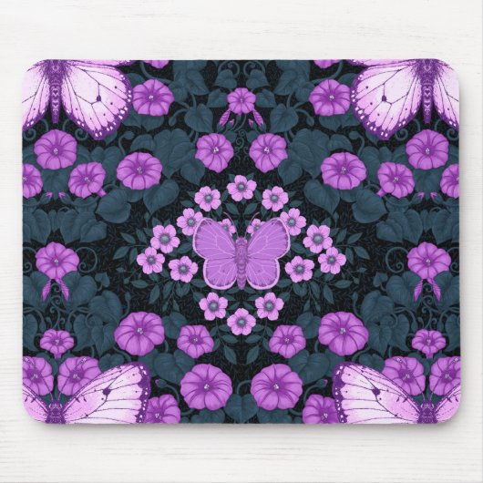 Tapis De Souris Papillons et symétrie des fleurs, violet et bleu (Devant)