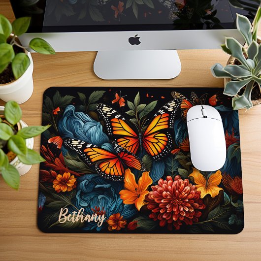 Tapis De Souris Papillons Monarques Et Beaux Fleurs sauvages