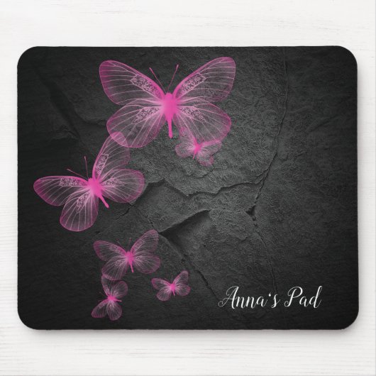Tapis De Souris Papillons Roses Sur Rocher Noir (Devant)