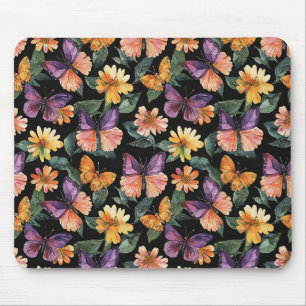 Tapis De Souris Papillons roses violets Fleurs jaunes