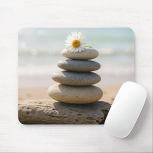 Tapis De Souris Pâquerette sur un cairn de plage en pierre et bois
