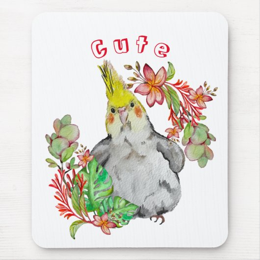 Tapis De Souris Parrot Corella mignonne dans les fleurs tropicales (Devant)