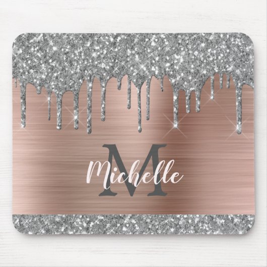 Tapis De Souris Parties scintillant argent gouttes rose monogramme (Devant)