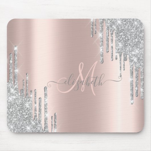 Tapis De Souris Parties scintillant argent moderne Rose Monogramm (Devant)