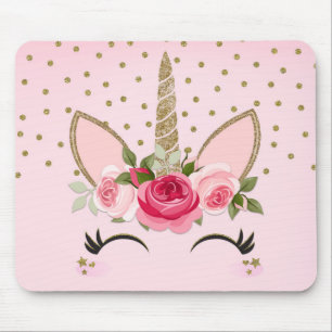 Tapis De Souris Parties scintillant d'or et Unicorne florale rose