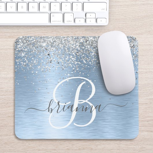 Tapis De Souris Parties scintillant en argent brossé bleu Nom du m