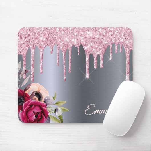 Tapis De Souris Parties scintillant rose argent goutte fleurons mé (Avec souris)