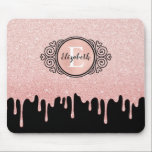 Tapis De Souris Parties scintillant Rose noir à goutte d'or<br><div class="desc">Cette mousepad girly personnalisée qui a un monogramme noir et blanc sur une belle feuille faux rose et arrière - plan parties scintillant dégoulinant. Personnalisez-le pour la fille de votre vie. Fait un cadeau amusant pour les anniversaires et Noël. Conçu pour vous par Blackberry Boulevard.</div>