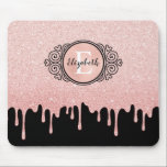 Tapis De Souris Parties scintillant Rose noir à goutte d'or<br><div class="desc">Cette mousepad girly personnalisée qui a un monogramme noir et blanc sur une belle feuille faux rose et arrière - plan parties scintillant dégoulinant. Personnalisez-le pour la fille de votre vie. Fait un cadeau amusant pour les anniversaires et Noël. Conçu pour vous par Blackberry Boulevard.</div>
