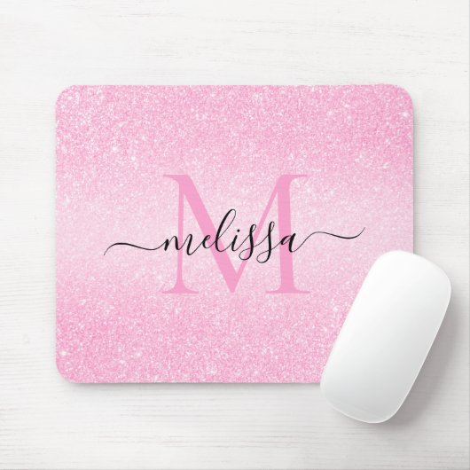 Tapis De Souris Parties scintillant rose Nom du script Monogramme  (Avec souris)