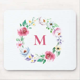 Tapis De Souris Pastel Aquarelle Fleurs de ressort Monogramme de c