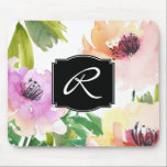 Tapis De Souris Pastel Aquarelle Floral Monogramme<br><div class="desc">Roses aquarellés clairs et aquarelles peints de manière abstraite dans des tons pastel de pêche, rose et lilas avec des accents de feuilles vertes. Ajoutez un accent artistique à votre espace de travail à la maison ou au bureau. Cette conception a été fournie avec la permission de l'accord de licence...</div>